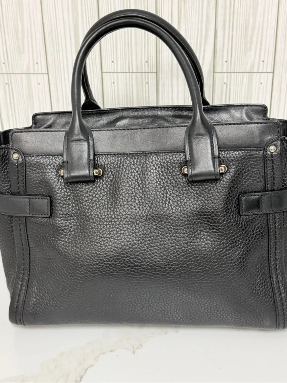 Coach Black Leather Satchel Tote Bag Turnlock Accent Pebbled Leather Handbag